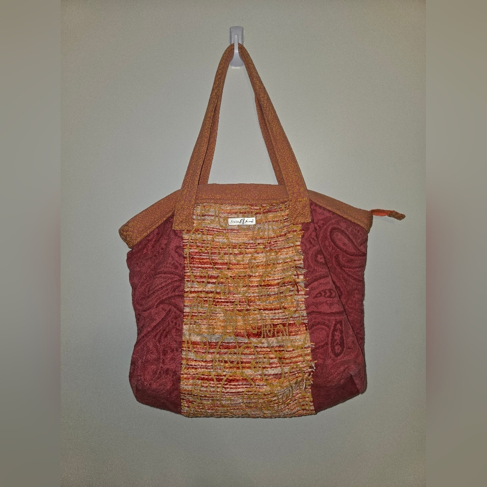 Woven Red & Tan Tote Bag with Paisley Texture Bohemian Style